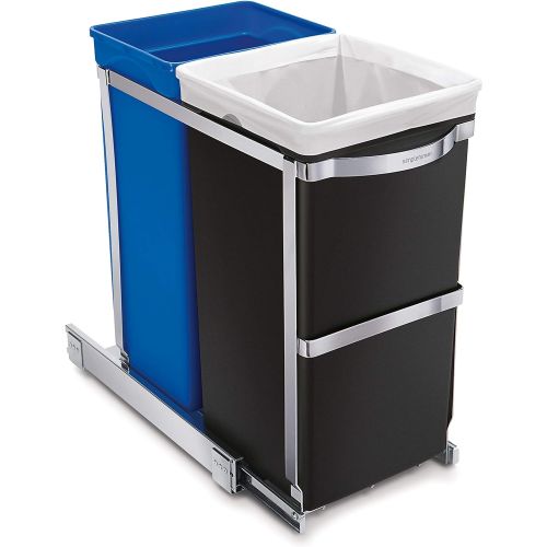 심플휴먼 simplehuman 35 Liter / 9.3 Gallon Dual Compartment Under Counter Kitchen Cabinet Pull-Out Recycling Bin and Trash Can