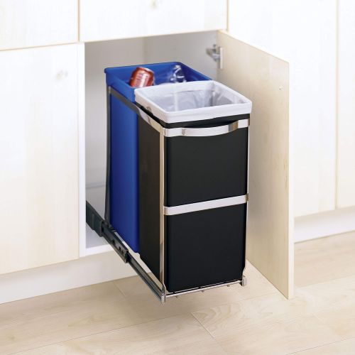 심플휴먼 simplehuman 35 Liter / 9.3 Gallon Dual Compartment Under Counter Kitchen Cabinet Pull-Out Recycling Bin and Trash Can