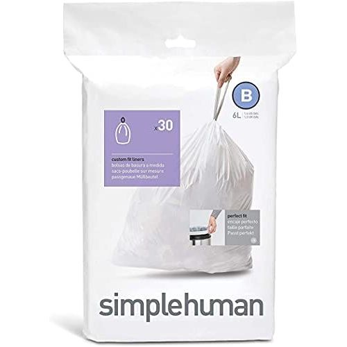 심플휴먼 simplehuman Code B Custom Fit Drawstring Trash Bags, 6 Liter / 1.6 Gallon, 30 Pack, White