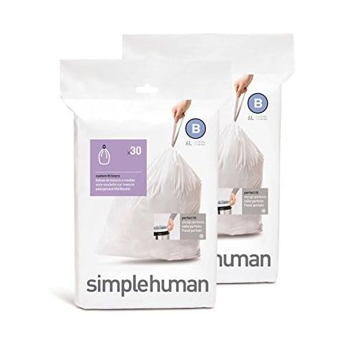 심플휴먼 simplehuman Custom Fit Trash Can Liner B, 6 Liters / 1.6 Gallons, 30-Count (Pack of 2)