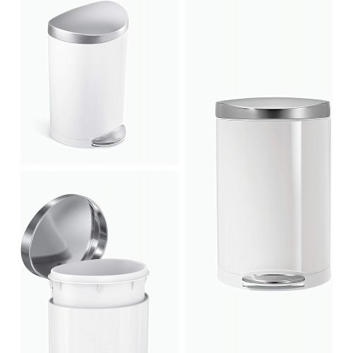 심플휴먼 simplehuman 6 Liter / 1.6 Gallon Semi-Round Bathroom Step Trash Can, White Steel