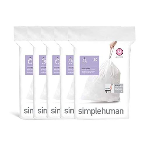 심플휴먼 simplehuman Code M Custom Fit Drawstring Trash Bags, 45 Liter / 12 Gallon, White, 100 Count