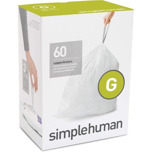 심플휴먼 simplehuman Code G Custom Fit Drawstring Trash Bags in Dispenser Packs, 30 Liter / 8 Gallon, White ? 60 Liners