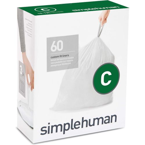 심플휴먼 simplehuman Code C Custom Fit Drawstring Trash Bags in Dispenser Packs, 10-12 Liter / 2.6-3.2 Gallon, White ? 60 Liners