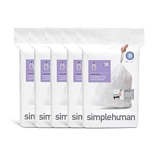 심플휴먼 simplehuman Code B Custom Fit Drawstring Trash Bags in Dispenser Packs, 6 Liter / 1.6 Gallon, White ? 150 Liners