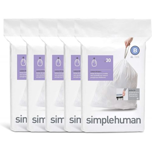 심플휴먼 simplehuman Code B Custom Fit Drawstring Trash Bags in Dispenser Packs, 6 Liter / 1.6 Gallon, White ? 150 Liners