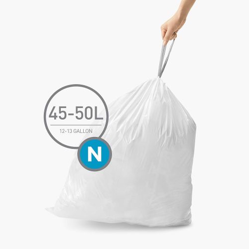 심플휴먼 simplehuman Code N Custom Fit Drawstring Trash Bags in Dispenser Packs, 45-50 Liter / 11.9-13.2 Gallon, White ? 100 Liners