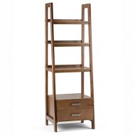 Simpli Home 3AXCSAW-06 Sawhorse Solid Wood Modern Industrial Ladder Shelf with Storage in Medium Saddle Brown