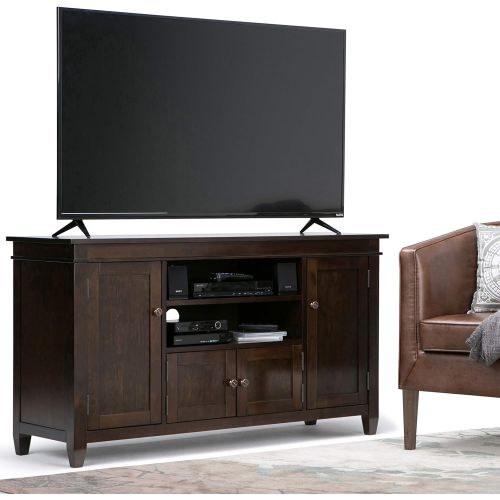  Simpli Home Carlton SOLID WOOD Universal TV Media Stand, 54 inch Wide, Contemporary, Storage Shelves and Cabinets, for Flat Screen TVs up to 60 inches Dark Tobacco Brown