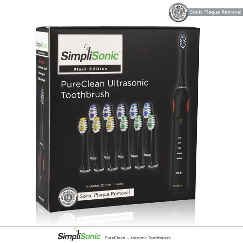  SimpliSonic Ultrasonic Rechargeable Electric Toothbrush Premium Package w 12 Heads (Black)