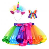 Simplicity Girls Rainbow Layered Tulle Tutu Skirt with Unicorn Headband & Hair Bow