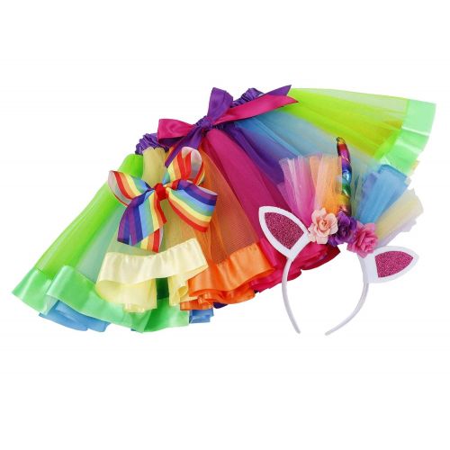  Simplicity Girls Rainbow Layered Tulle Tutu Skirt with Unicorn Headband & Hair Bow