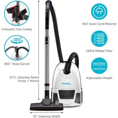  [아마존베스트]Canister Vacuum Cleaner, Simplicity Jill Compact Vacuum for Hardwood and Rugs, Dual Certified Hepa Filtration, Bagged