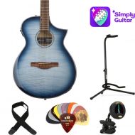 Simply and Ibanez AEWC400 Acoustic-Electric Guitar Essentials Bundle with 1 Year Simply Guitar Subscription - Indigo Blue Burst High Gloss