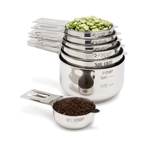  Simply Gourmet Stainless Steel Measuring Cups 7 Piece with 1/8 Cup Coffee Scoop Stainless Steel Measuring Cup Set. Metal Measuring Cups Perfect as Birthday for Mom or Cooks