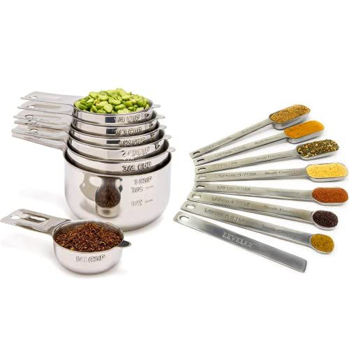  Measuring Cups and Spoons Set by Simply Gourmet. Premium Set of 15 Stainless Steel Measuring Cups and Spoons with level. Includes 7 Engraved Metal Measuring Cups and 7 Spoons Plus