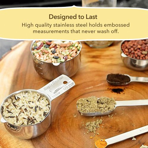 Measuring Cups and Spoons Set by Simply Gourmet. Premium Set of 15 Stainless Steel Measuring Cups and Spoons with level. Includes 7 Engraved Metal Measuring Cups and 7 Spoons Plus