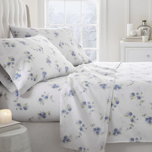  Simply Soft 4 Piece Flannel Sheet Set Rose Patterned, Full, Light Blue