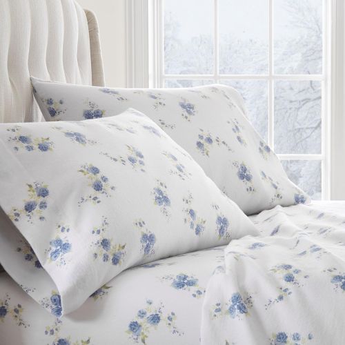  Simply Soft 4 Piece Flannel Sheet Set Rose Patterned, Full, Light Blue