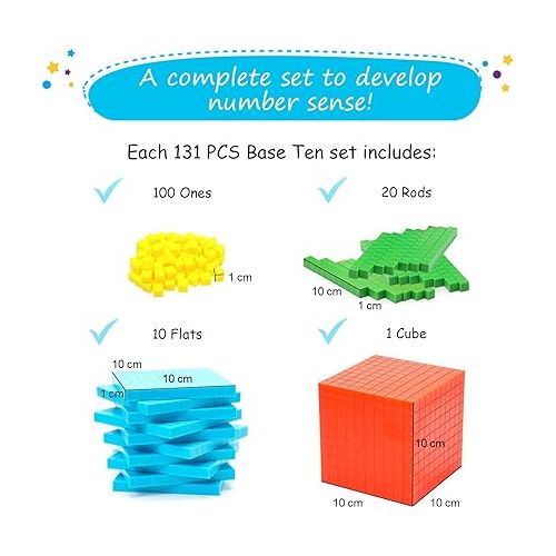  Simply magic 131 PCS Base Ten Blocks for Math - Place Value Blocks, Base 10 Math Manipulatives K-3, Math Counters, Number Blocks, Math Cubes for Kids, Counting Blocks - Kindergarten 1st 2nd 3rd Grade