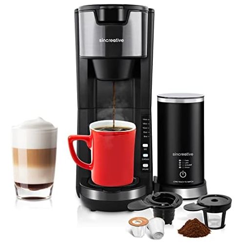  Sincreative Coffee Maker with Milk Frother, 2 In 1 Single Serve Coffee Machine for K Cup Pod and Ground Coffee, Fast Brew Compact Cappuccino Latte Machine Single Cup Brewer with 30 oz Detachab