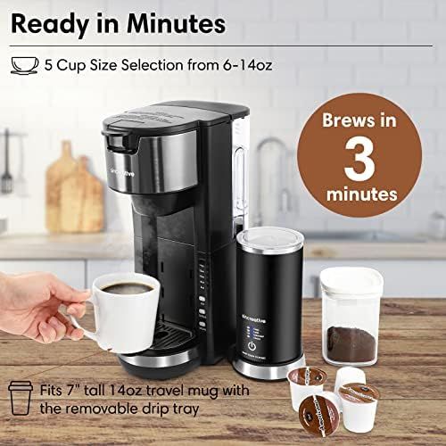  Sincreative Coffee Maker with Milk Frother, 2 In 1 Single Serve Coffee Machine for K Cup Pod and Ground Coffee, Fast Brew Compact Cappuccino Latte Machine Single Cup Brewer with 30 oz Detachab