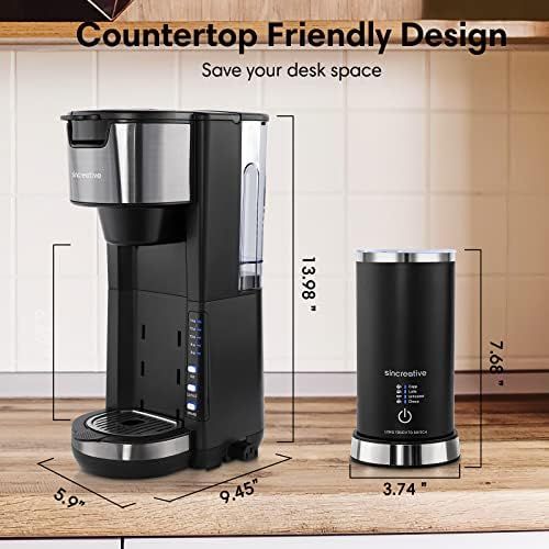  Sincreative Coffee Maker with Milk Frother, 2 In 1 Single Serve Coffee Machine for K Cup Pod and Ground Coffee, Fast Brew Compact Cappuccino Latte Machine Single Cup Brewer with 30 oz Detachab