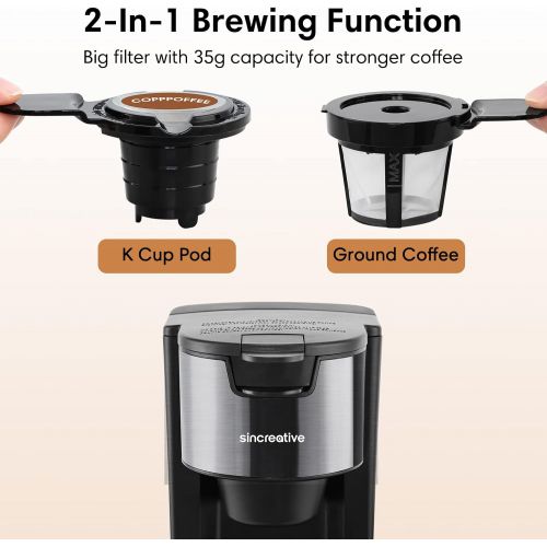  Sincreative Coffee Maker with Milk Frother, 2 In 1 Single Serve Coffee Machine for K Cup Pod and Ground Coffee, Fast Brew Compact Cappuccino Latte Machine Single Cup Brewer with 30 oz Detachab