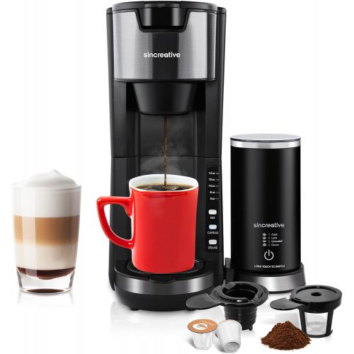  Sincreative Coffee Maker with Milk Frother, 2 In 1 Single Serve Coffee Machine for K Cup Pod and Ground Coffee, Fast Brew Compact Cappuccino Latte Machine Single Cup Brewer with 30 oz Detachab