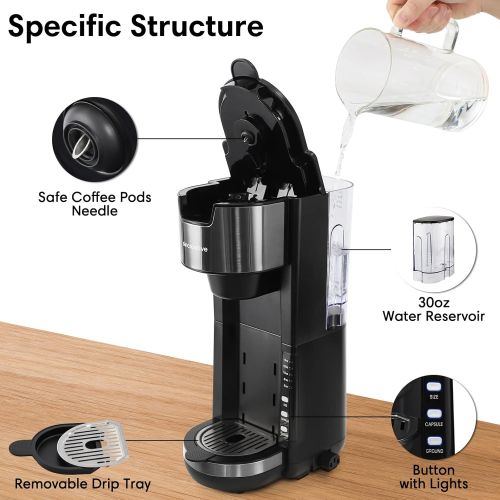  Sincreative Coffee Maker with Milk Frother, 2 In 1 Single Serve Coffee Machine for K Cup Pod and Ground Coffee, Fast Brew Compact Cappuccino Latte Machine Single Cup Brewer with 30 oz Detachab