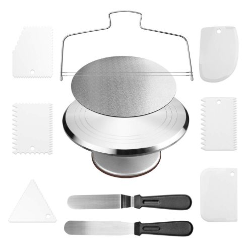  Sindh Cake Decorating Supplies Cake Stand Aluminium Revolving Cake Turntable - 12 Rotating Cake Decorating Stand with 2 Angled Icing Spatulas and 6 Comb Icing Smoother, Cake Leveler,Cake