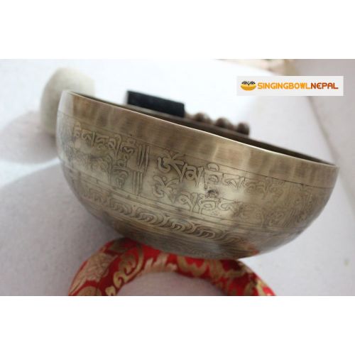  Singing Bowl Nepal 10 Healing Meditation Mantra Carved G Note Singing Bowl, Etching Tibetan Art, Hand Hammered Singing Bowls with Silk Cushion, Gong & Mallet Striker