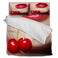 Singingin 4 Piece Bedding Sets Fashion Girl Red Lips Cherry Duvet Cover Set One Side Printed Super Soft Twill Plush Comforter Set Twin Size
