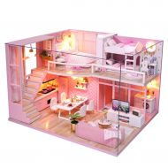 Sinma Clearance Sinma Wooden Dollhouse Miniatures DIY House Kit Puzzle Decorate Creative Gifts Led Light as Birthday Gifts for Kids and Adults (Pink)