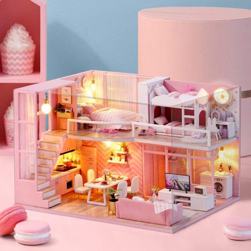  Sinma Clearance Sinma Wooden Dollhouse Miniatures DIY House Kit Puzzle Decorate Creative Gifts Led Light as Birthday Gifts for Kids and Adults (Pink)