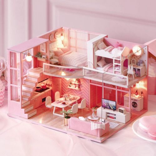  Sinma Clearance Sinma Wooden Dollhouse Miniatures DIY House Kit Puzzle Decorate Creative Gifts Led Light as Birthday Gifts for Kids and Adults (Pink)