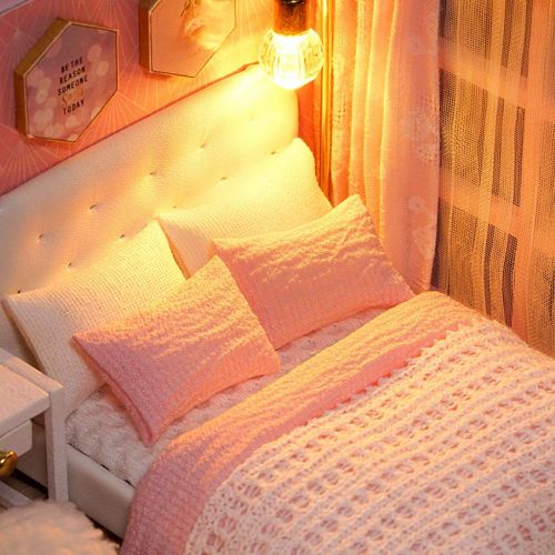  Sinma Clearance Sinma Wooden Dollhouse Miniatures DIY House Kit Puzzle Decorate Creative Gifts Led Light as Birthday Gifts for Kids and Adults (Pink)