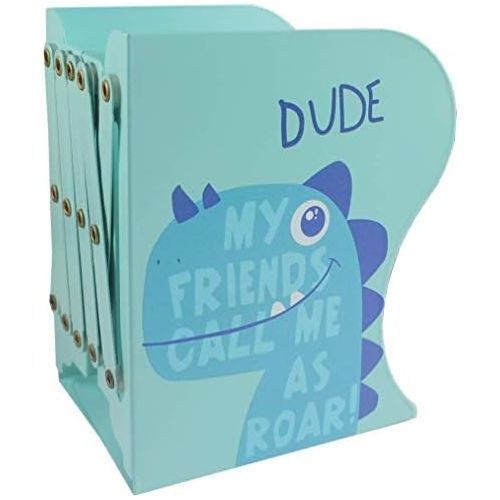  [아마존베스트]Sinrextraonry Adjustable Bookend Metal Dinosaur Pattern Bookends Non-Skid Heavy Duty Book Holder Stand Hold Books,Magazines,Cookbooks (Blue)