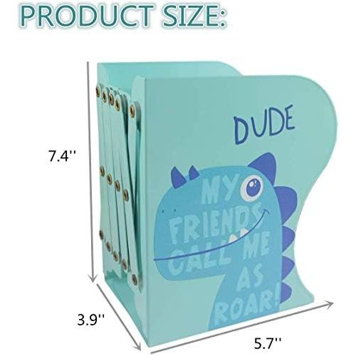  [아마존베스트]Sinrextraonry Adjustable Bookend Metal Dinosaur Pattern Bookends Non-Skid Heavy Duty Book Holder Stand Hold Books,Magazines,Cookbooks (Blue)