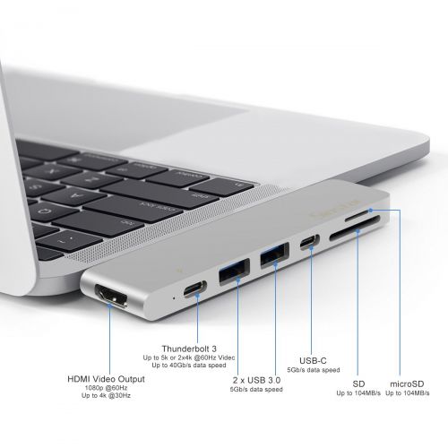  Sinstar Thunderbolt 3 Adapter, USB C HDMI Hub Dock for Apple MacBook Pro 2016 2017 13 15 Multi-Port Type-C Adapter with Pass-Through Charging 60Hz 40Gbps, 4K HDMI, USB-C, SDMicro