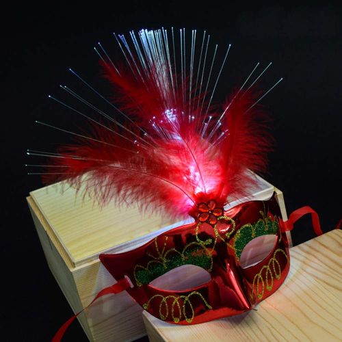  Sinwo Women Venetian LED Fiber Masquerade Mask Fancy Dress Party Princess Feather Masks Costume Party Mask - SHIPS FROM USA (Red)