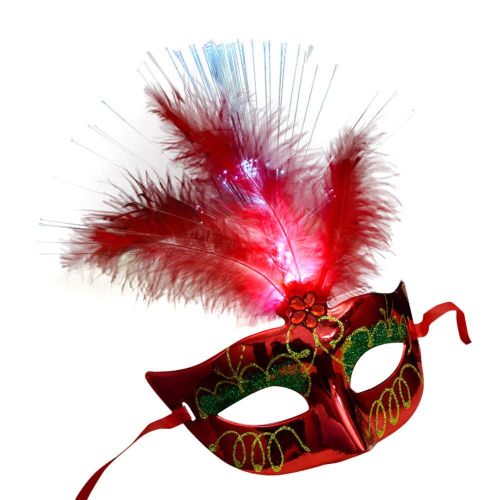  Sinwo Women Venetian LED Fiber Masquerade Mask Fancy Dress Party Princess Feather Masks Costume Party Mask - SHIPS FROM USA (Red)