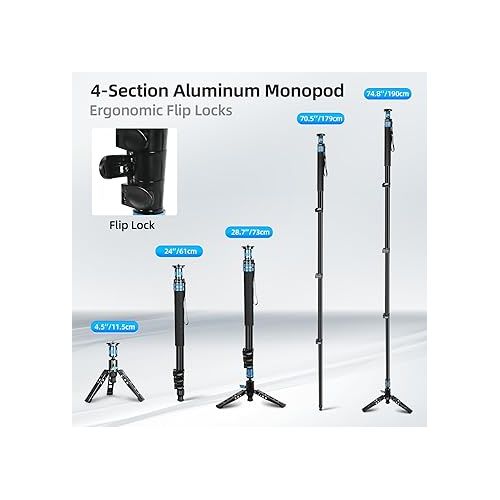 SIRUI AM-404FL Camera Monopod with Feet, 74.8 Inch Aluminum Travel Video Monopod with Removable Base, Slim and Lightweight, Max Load 26.4lbs, 360°Panorama Panning, 4-Section for Canon Nikon Sony
