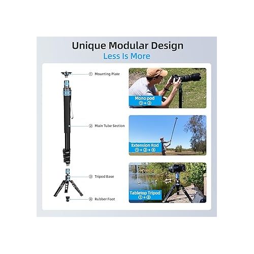  SIRUI AM-404FL Camera Monopod with Feet, 74.8 Inch Aluminum Travel Video Monopod with Removable Base, Slim and Lightweight, Max Load 26.4lbs, 360°Panorama Panning, 4-Section for Canon Nikon Sony