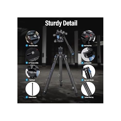  SIRUI Carbon Fiber Tripod Lightweight 2lbs with Panoramic Fluid Head, 59.8” Compact Camera Tripod Quick Release Leg Setup, Reversible Center Column, Reverse Folding Legs, Max Load 11lbs - Traveler X