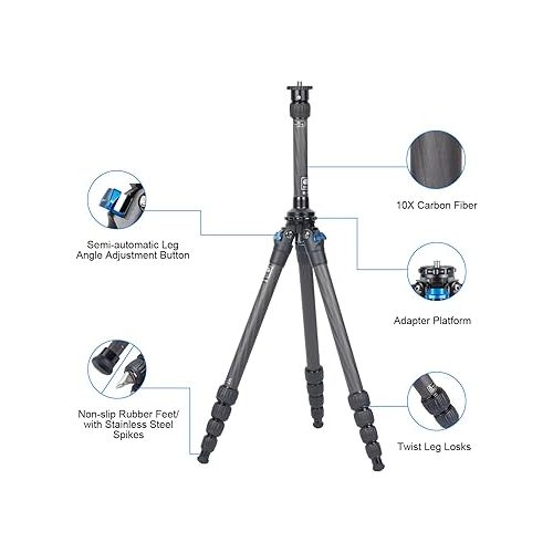  SIRUI AM Carbon Fiber Tripod with Two-Section Carbon Fiber Center Column, 59.8″ Compact Travel Tripod with Twist Locks (AM225+SL100)