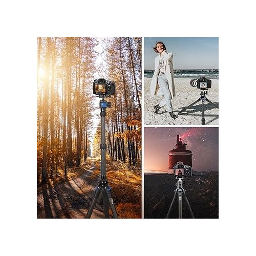  SIRUI AM Carbon Fiber Tripod with Two-Section Carbon Fiber Center Column, 59.8″ Compact Travel Tripod with Twist Locks (AM225+SL100)