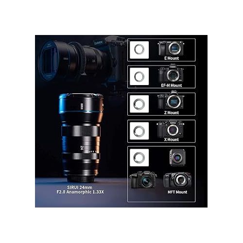  SIRUI 24mm Anamorphic Lens F2.8 1.33X APS-C Camera Lens for E Mount, Blue Flare