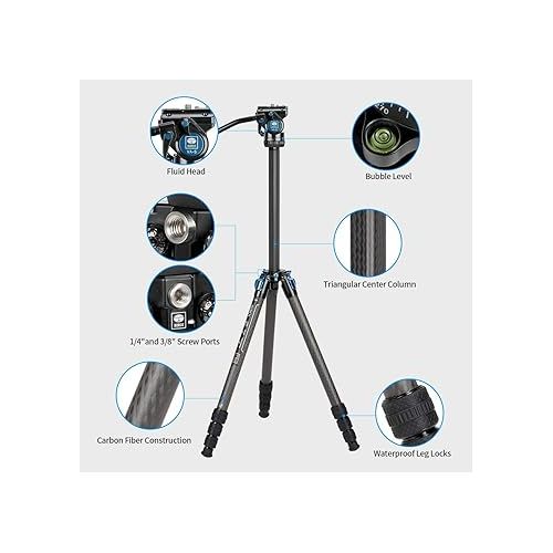  SIRUI ST-124+VA-5 Carbon Fiber Tripod with Fluid Video Head, Triangular Centre Column, Waterproof,4 Sections, 62.2inch, Load 6.61lbs