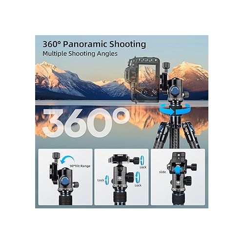  SIRUI Carbon Fiber Travel Tripod with E-10 360° Ball Head, 59.8” Compact Camera Tripod AT-125, Quick Release Reverse Folding Legs, Reversible Center Column, Max Load 17lbs - Traveler X-II